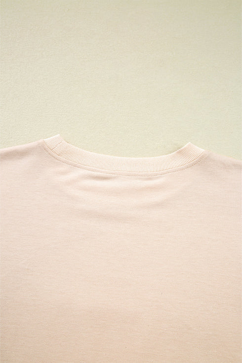 Raw Edge Flower Patch Drop Shoulder Contrast Rib Crewneck Long Sleeve Top